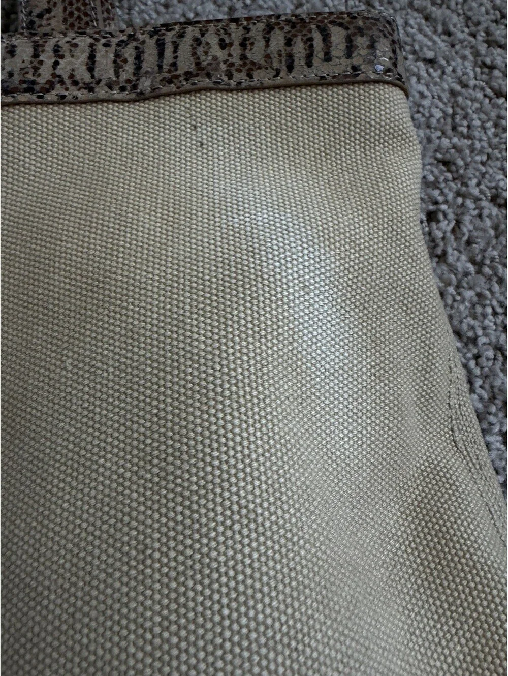 Tory Burch Beige Canvas Tote Snake Skin Details Shoulder Bag Purse Large Logo